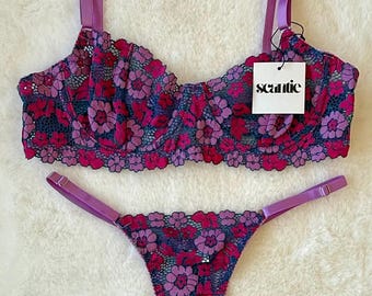 Pink Floral Stretch Lace Lingerie set with, Adjustable Thong Panty, Gift for her