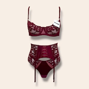 Luxury Red Wine Satin Lingerie Set, Garter Belt, gift for her