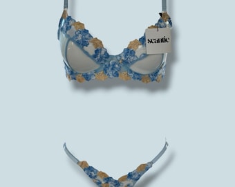 Baby Blue Floral Stretch Mesh Lingerie set with, Adjustable Thong Panty, Gift for her