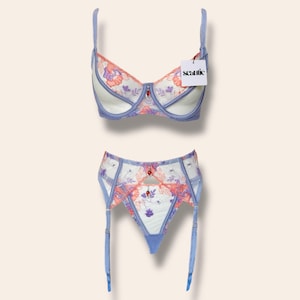 Lavender Mesh Floral Embroidey Lingerie set with jewels, Garter Belt, Thigh Straps, Gift for women