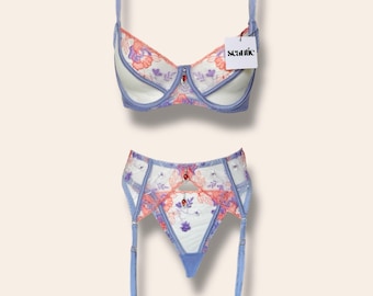 Lavender Mesh Floral Embroidey Lingerie set with jewels, Garter Belt, Thigh Straps, Gift for women