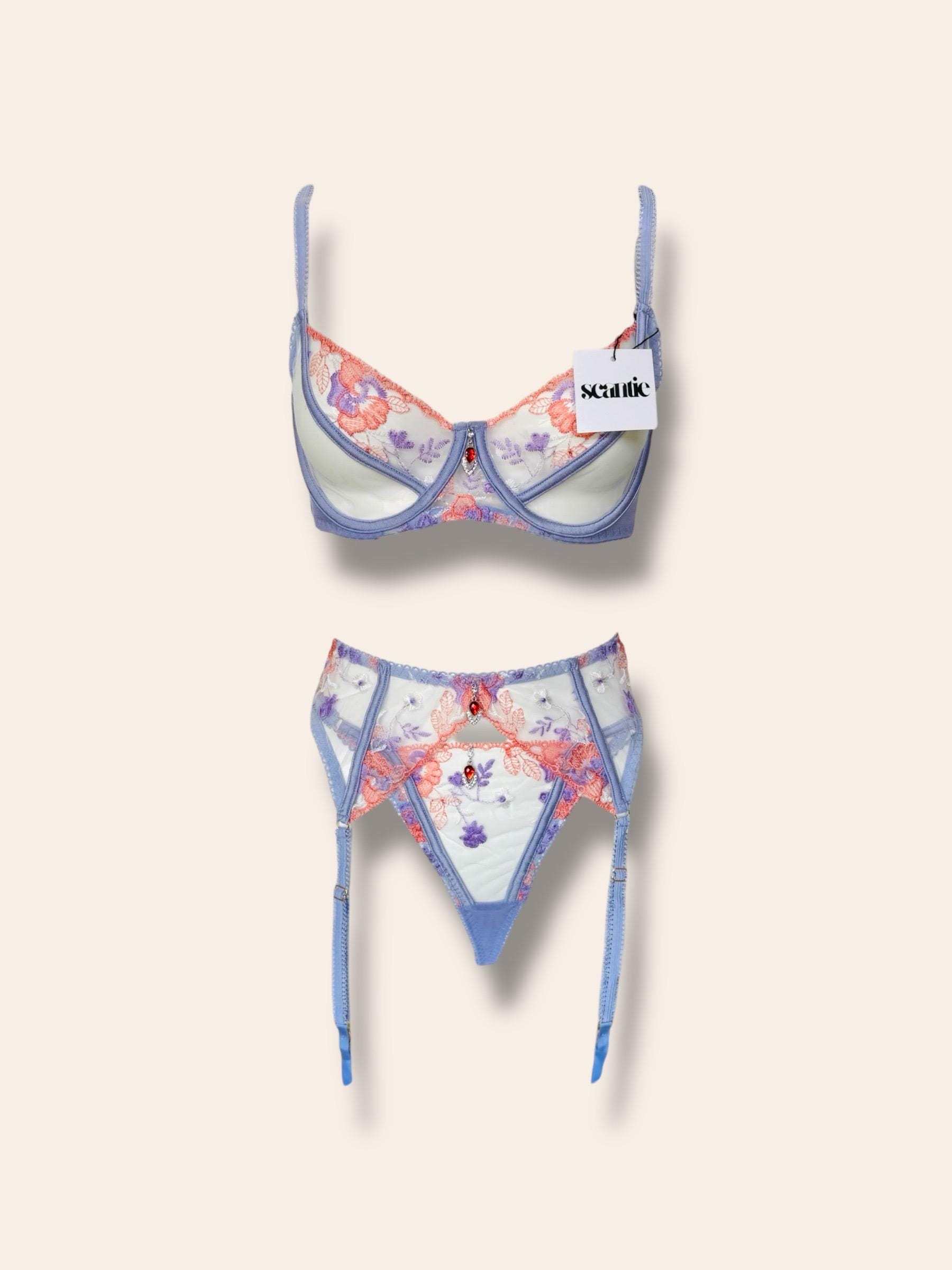 Lavender Mesh Floral Embroidey Lingerie set with jewels, Garter Belt, Thigh Straps, Gift for women