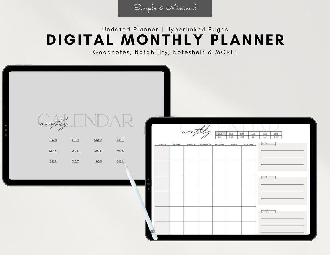 Monthly Planner Goodnotes Template, Undated Monthly Planner, Monthly