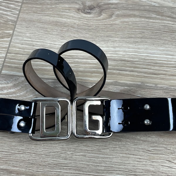 Dolce Gabbana Belt Leather Double Black Rectange Buckle Silver Logo DG 38 80