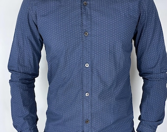 Dries Van Noten Shirt Mens 48 S Navy Blue Geometric 100% Cotton Long Sleeve