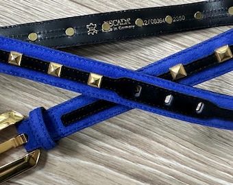 Ceinture Escada des années 80, clous dorés, métal bleu, cuir suédé vintage des années 80, rare