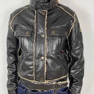 Belstaff Vintage Women&#39;s  Biker Jacket  Black Leather Sherpa Rare Bomber M/L