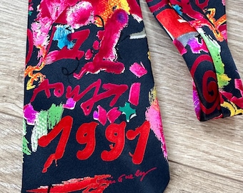 Corbata de seda vintage de Jean Tinguely, Frontline Zurich, póster artístico de los años 90, Soie Rare