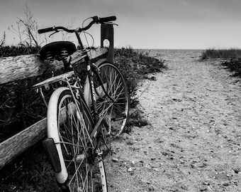 black and white landscape photography, beach, fine art photography, bicycle, martha's vineyard