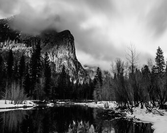 black and white landscape photography, national park, fine art photography, storm, three sisters, yosemite