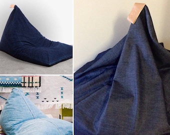Denim Beanbag Bean Bag PLUS Genuine Leather Handle PLUS Removable Washable Cover PLUS Calico Insert - Teardrop Shape or Triangle Wedge Shape