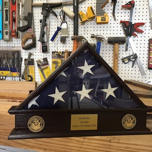 Military Funeral 5x9 Flag Case Pedestal with engraved plaque and branch of service wood medallions (FREE SHIPPING lower 48 states only)