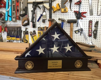 Military Funeral 5x9 Flag Case Pedestal with engraved plaque and branch of service wood medallions (FREE SHIPPING lower 48 states only)