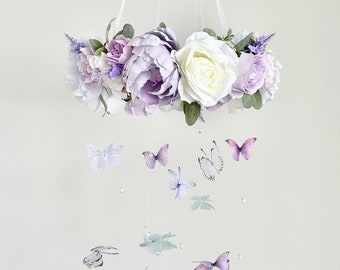 Butterfly Nursery Mobile, Baby Girl Mobile, Woodland Nursery Decor, Floral Mobile