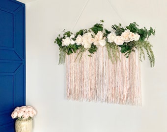 Boho macrame wall hanging, Crib Flower hanging, Flower curtain, Boho floral backdrop, flower hanging, Photobooth backdrop, wedding backdrop