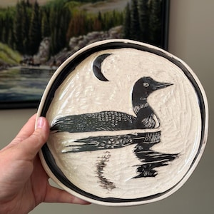 Sgraffito Ceramic Loon Plate, 8 inch plate