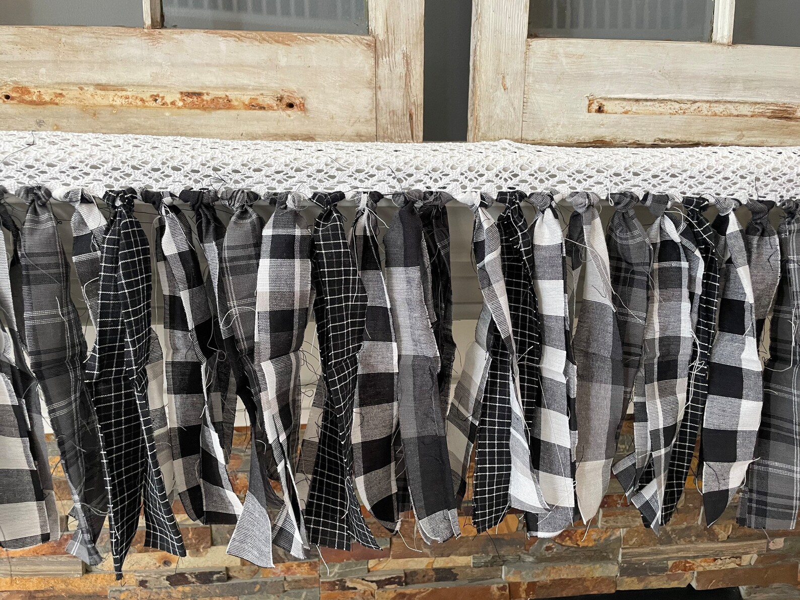 Black White and Grey Plaid Rag Fabric Tie Garland Banner - Etsy