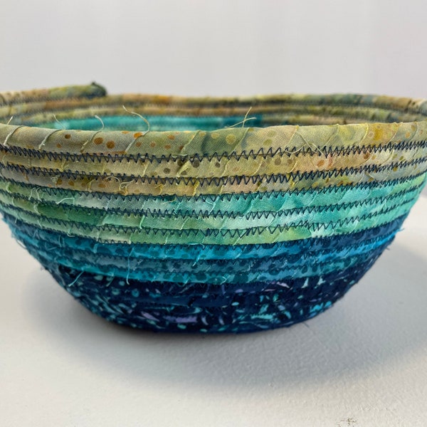 Beach ocean water batik ombré fabric wrapped rope cord basket bowl in navy, blue, teal, aqua & tans fabric wrapped clothesline organization