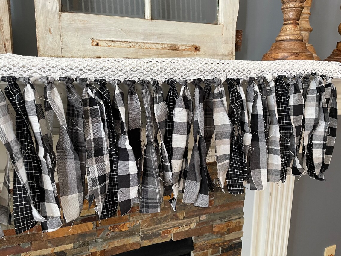 Black White and Grey Plaid Rag Fabric Tie Garland Banner - Etsy