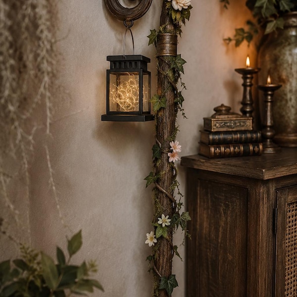 Décoration de bâton de lanterne enchantée fantastique pour cosplay de druide, sorcier et elfe