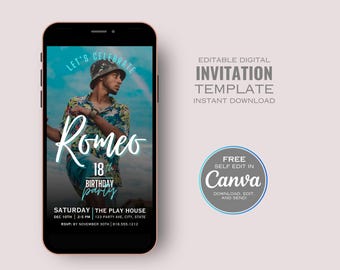 デジタル招待状、誕生日招待状、モバイル招待状、Evite、編集可能なCanvaテンプレート、即時ダウンロード、印刷不要