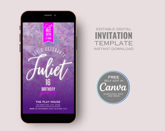デジタル招待状、誕生日招待状、モバイル招待状、Evite、編集可能なCanvaテンプレート、即時ダウンロード、印刷不要