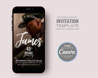 デジタル招待状、誕生日招待状、モバイル招待状、Evite、編集可能なCanvaテンプレート、即時ダウンロード、印刷不要