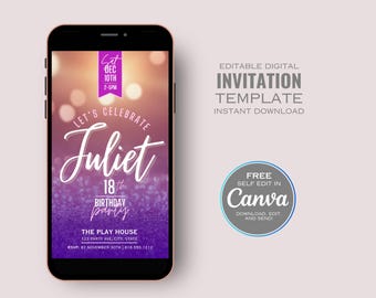 デジタル招待状、誕生日招待状、モバイル招待状、Evite、編集可能なCanvaテンプレート、即時ダウンロード、印刷不要