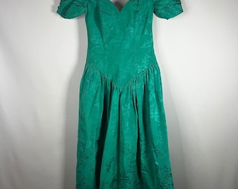 Vintage 80s Alfred Angelo Dress Women 0-2 XS Green Off The Shoulder Pleated Midi