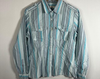 Vintage Covington Blouse Women 14 Blue Purple Striped Cotton Button Down Shirt
