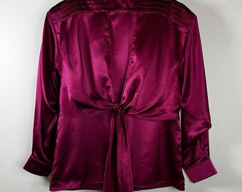 Vintage Tiffani Kim Shirt Women Size 8 Magenta Silk Long Sleeve Wrap Blouse Luxe
