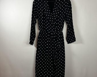 Vintage Avon Fashions Dress Women Size 7/8 Black Polka Dot Print Wrap Front Midi