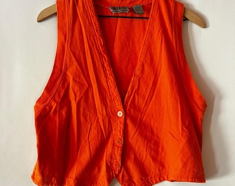Vintage Intro Classix Orange Sleeveless Button Vest Size Small Cotton 90s Y2K