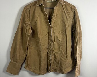 Vintage St. John's Bay Top Women Large Tan Corduroy V-Neck Button Down Blouse