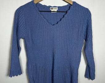 Vintage Faded Glory Sweater Women Size Medium Blue V-Neck Trim Detail Knit Top