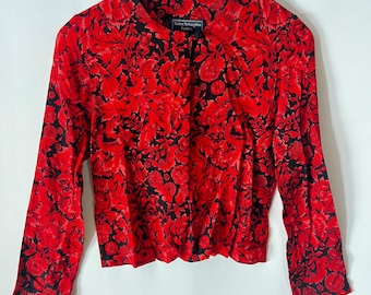 Vintage Norton McNaughton Petites Floral Button Down Blouse Red Black Size 10