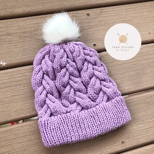 Warm Knit Hat, Purple Knitted Hat, Cable Knit Hat, Chunky Knitted Hat, Lilac Beanie, Hat with Pom Pom, Winter Accessory