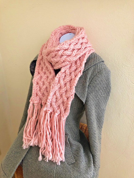 Pink Knitted Scarf With Fringe Long Knit Scarf Chunky Knit Scarf Celtic Scarf Light Pink Scarf Breast Cancer Spring Scarf Pink Knitted Scarf With Fringe Long Knit Scarf Chunky Knit Scarf Celtic Scarf Light Pink Scarf Breast Cancer Spring Scarf