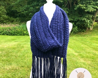 Knitted Navy Scarf, Dark Blue, Winter Accessory, Christmas Gift, Knit Scarf with Fringe, Neutral Colored, Long Chunky Knit, Men's Scarf