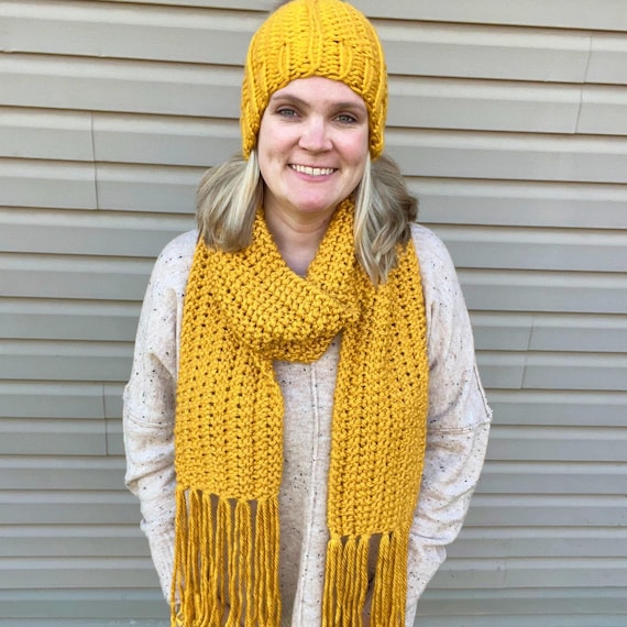 Mustard Scarf and Hat Set, Dar Yellow Scarves, Chunky Knit Wear