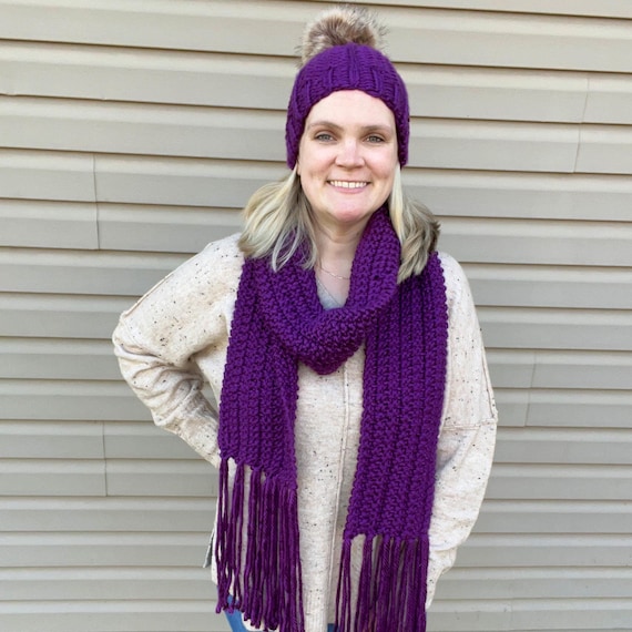 Purple scarf with knitted  beanie Purple waffle hat and scarf set main image 4