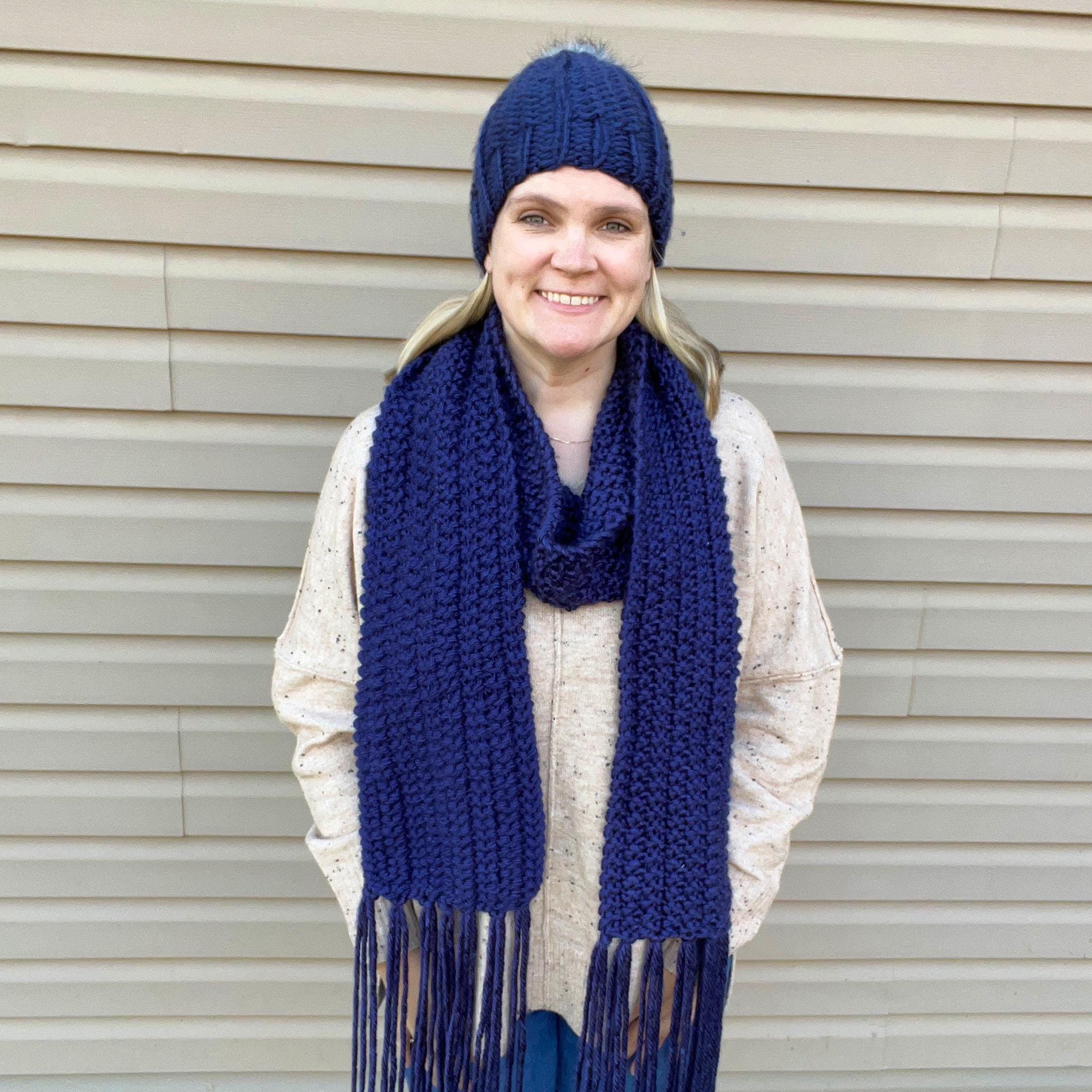 Dark Blue Scarf and Hat Set, Dar Purple Scarves, Chunky Knit Wear