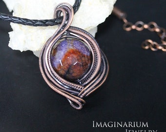 Violet, Purple, Red, and Black Agate Sphere Copper Pendant on Leather Cord With Hammered Copper Hook Clasp