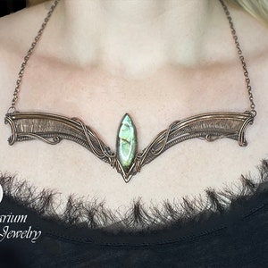 Falcore, The Neverending Story Necklace, Wire Wrapped and Woven Copper Green Blue Labradorite Adjustable Pendant image 1