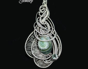 Tomorrowland Jelly, Sterling and Fine Silver Wire Wrapped Green Striped Agate Pendant with Faceted Green Tourmaline in Soldered Setting