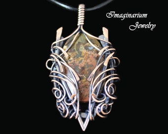 Unisex Firey Brown Red Moss Agate Wire Wrapped, Forged, and Hammered Oxidized Copper Pendant