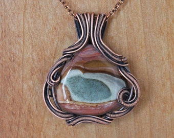 Gorgeous Polychrome Jasper Wire Wrapped Copper Pendant