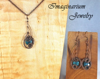 Teal Apatite And Copper Dainty Wire Wrapped Pendant And Earring Set