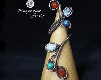 Multi-Gemstone Statement Ring, Carnelian, Aquamarine, Chrysocolla, and Malachite Copper Wire Wrapped and Woven Statement Jewelry