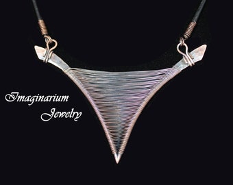 Unisex Curved Pointed Triangle Woven Copper Pendant With Leather Cord And Adjustable Clasp
